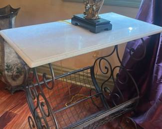 Ornate Wrought Iron and Marble Top side Table 