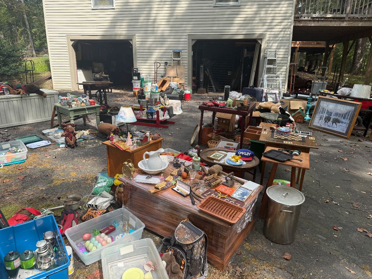 Tools, antiques, furniture, kitchenware, clothes, and trinkets. Larger furniture items include: bunk bed set, king bedroom set, dressers, china cabinet, tv stand, and more. 