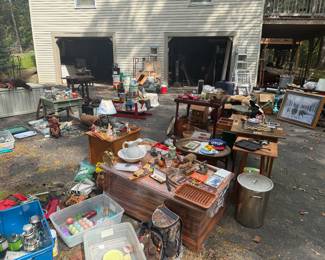 Tools, antiques, furniture, kitchenware, clothes, and trinkets. Larger furniture items include: bunk bed set, king bedroom set, dressers, china cabinet, tv stand, and more. 