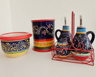 Lot #81 - Spanish Hand Painted Bowl, Utensil Crock, & Del Rio Salad Set (Oil & Vinegar, Salt & Pepper)