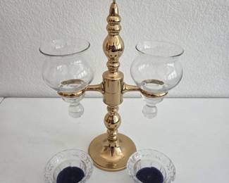 Lot #64 - Vintage Brass Candelabra with Glass Votive Holders.
