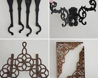 Lot #86 - Emig Cast Iron Trivet, Plus Decorative Metal Hooks & Shelf Brackets