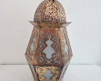 Lot #47 - Moroccan Pierced Brass Lacework Hurricane Lantern With Removeable Frosted Glass Panels