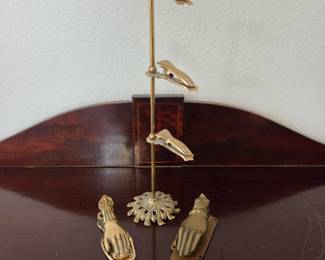 Lot #173 - Victorian Brass Glove Clip Stand With A Hand Letter Clip and Door Knocker
