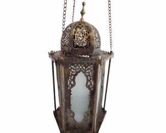 Lot #50 - Middle Eastern Brass Hall Lantern Light Fixture With Removeable Frosted Glass Panels
