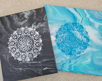 Lot #17 - Acrylic Fluid Art Paintings on Canvas With Stenciled Mandala Design
