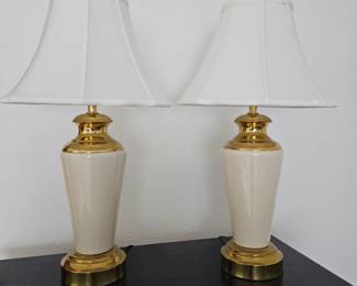 Lot #4 - Pair of Brass & Cream Ceramic Table Lamps