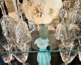 Assortment of crystal bels, hand painted plate