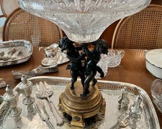 Centerpiece is French, beautiful crystasl bowl, sterling pieces on the tray