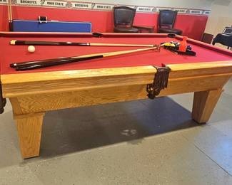 1 of 7 pictures - American Heritage 8ft Slat Pool Table,  In Great Condition! Included Ping Pong Table Top (2peice that fold in half for easy storage) and Accessories!