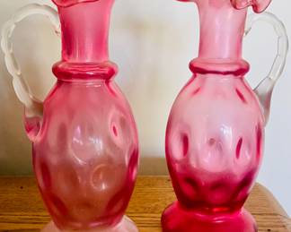 Pair of Vintage Fenton Cranberry Thumbprint Pitchers