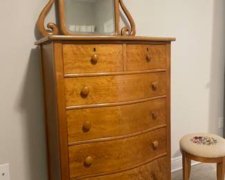 Tall birds-eye maple dresser with mirror $450