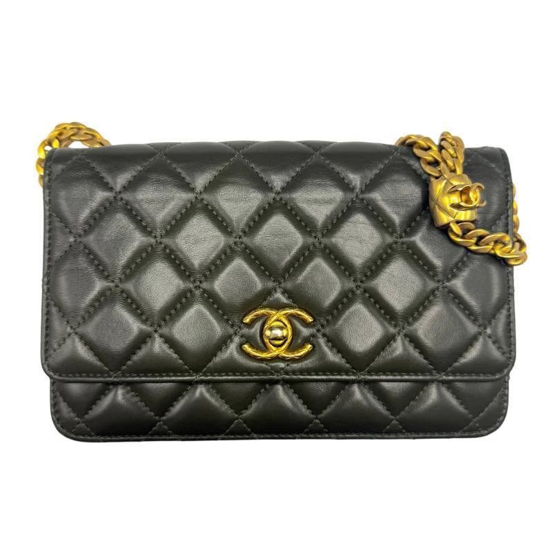 Chanel Dark Olive Green Quilted Lambskin Classic Wallet on Chain with Gold Hardware