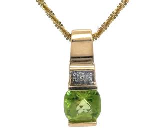 Modern Checkerboard Peridot & Natural Diamond Pendant in 14k Yellow Gold