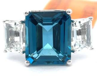 NEW! EFFY 9.35 Carat London Blue Topaz & White Topaz Three-Stone Ring in 14k White Gold