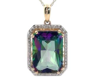NEW! Mystic Topaz & Natural Diamond Halo Pendant Necklace in 14k Yellow Gold
