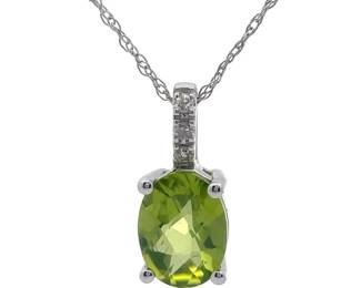 Oval Peridot & Natural Diamond Pendant Necklace in 14k White Gold