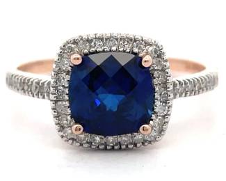 NEW! Cushion Checkerboard Blue Sapphire & Natural Diamond Halo Ring in 14k Rose Gold