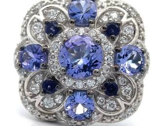 NEW! XL Tanzanite, Iolite & Natural Diamond Flower Bloom Ring