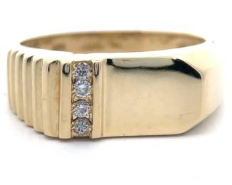 Men's 0.12 Carat Natural Diamond Channel Ribbed Square Top Ring in 14k Yellow Gold