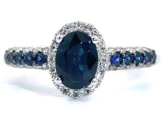 Oval Blue Sapphire & Pavé Natural Diamond Halo Ring in 14k White Gold