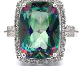 NEW! XL Mystic Topaz & Natural Diamond Halo Split Shank Ring in 14k White Gold