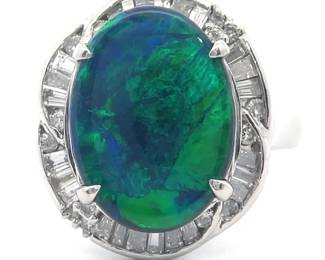 Stunning 2.89 Carat Lightning Ridge Black Opal & Baguette Natural Diamond Ring in Platinum