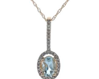 Oval Aquamarine & Pavé Natural Diamond Halo Drop Pendant Necklace in 14k Yellow Gold