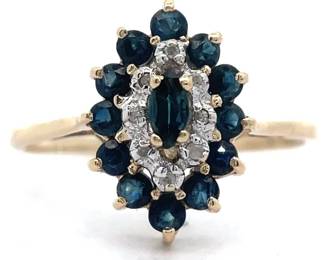 Blue Sapphire & Natural Diamond Double Halo Flower Cluster Ring in Yellow Gold