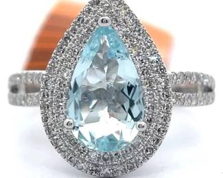NEW! EFFY 3.19 Carat Pear Aquamarine & Pavé Natural Diamond Split Shank Ring in 14k White Gold