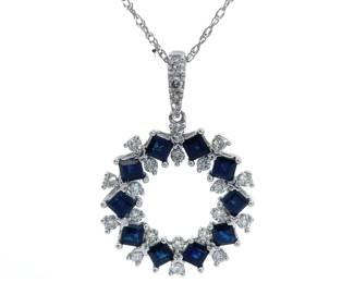 0.35 Carat Natural Diamond & Blue Sapphire Halo Wreath Pendant Necklace in 14k White Gold