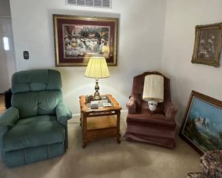 Lazy Boy Recliner; Bassett End Table Mauve Rocker; Table Lamps; MCM Hanging Chain light; Large Wall Pictures
