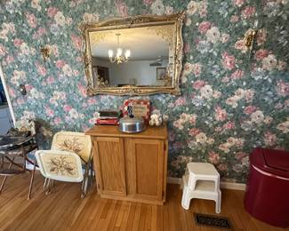 Vintage High Chair; Vintage TV Trays; Step Stools; Trach Can; Cabinet; Cookbooks; Covered Cake Plate