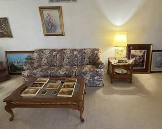 Flexsteel Sofa; Bassett Coffee Table; Bassett End Table; Wall Pictures; Table Lamps; Bossons Ivorex Plaques