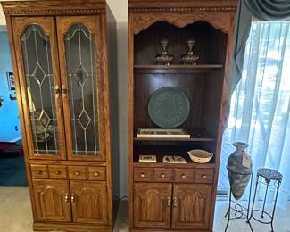 Lighted Bookcases/ Hutches; Sol Mexico Pottery Large Vase and Stand; Plant Stand