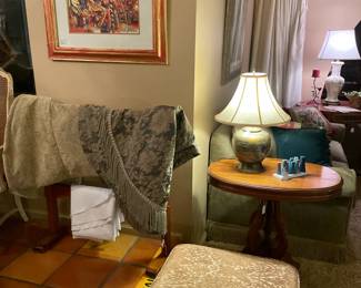 Ottoman, antique accent tables, table lamps, original artwork