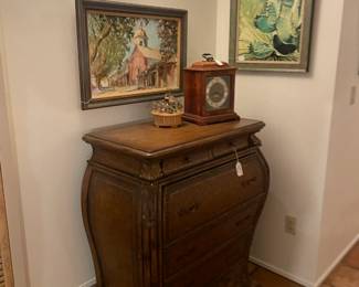 Antique-style secretary desk, original artwork, prints and lithographs