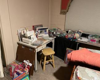 Husqvarna sewing machine, Bernina serger, and a ton of crafting, sewing, and art supplies. Fabric, too!