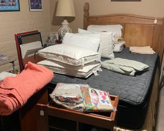 Queen bed, linens, sheets, and more