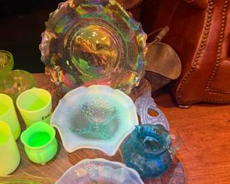 Vintage Carnival & Uranium Glass – Iridescent carnival dish with glowing uranium glass bowls and cups, colorful collectible display.
