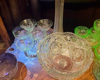 Cut Glass & Uranium Glass Collection – Large patterned serving bowl, pitcher, and assorted cups with brilliant detail, classic vintage display.