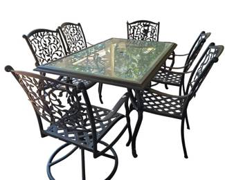 7 Piece Cast Aluminum Glass Patio Table with 6 Chairs