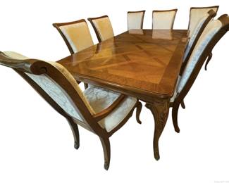 Beautiful Thomasville Burlwood Dining Room Table with Banded Top 8 Chairs 2 Leaves