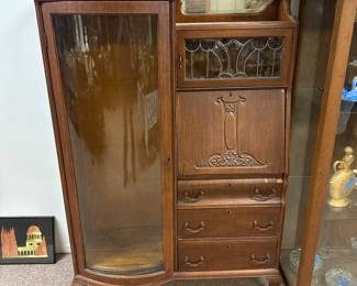Victorian Oak Side By Side Secretary 
Late 19th Century Early 20th Century Secretary with Curved Glass Bookcase/Curio Cabinet 