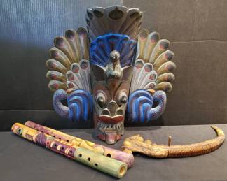 TH134VBansuri Bamboo Flutes, Batak Buffalo Horn, Mayura Mask