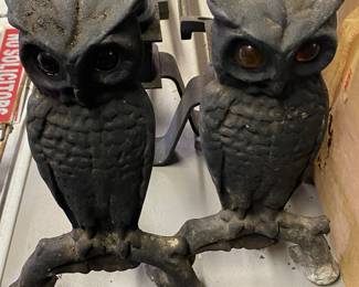 Cast Iron Owl Andirons with Glass Eyes