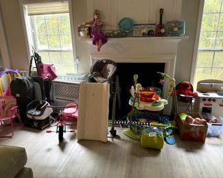 Baby gear from pack and plays to high chair and baby bouncer. Toys and books galore!