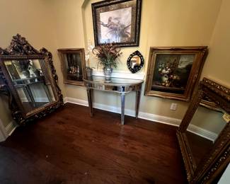 Mirrored side table, mirrors and artwork