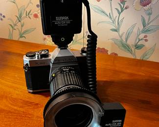 Vintage Pentax K1000 35mm SLR Film Camera with Lens and Sunpak Auto DX 8R Thyristor Flash Unit