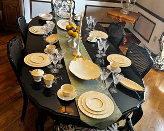 Holidays are coming, this tablescape is ready to go. Six place settings of Lenox Cretan 24K Ivory China , includes: dinner plates 10 7/8" diameter, salad plates 8.5" diameter, bread plates, measuring 6 3/8" diameter, cups and saucers which measures 5 7/8" diameter and lastly the soup bowls which measure 8 3/8". This dinner package has 36 pieces in total. PLEASE NOTE; We also have another 6 place settings as described above.